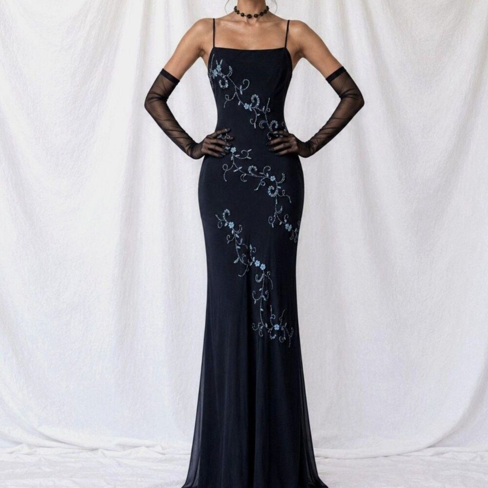 Vintage Y2K 90s Black Blue Knit Floral Maxi Bodycon Cocktail Prom Dress Size M